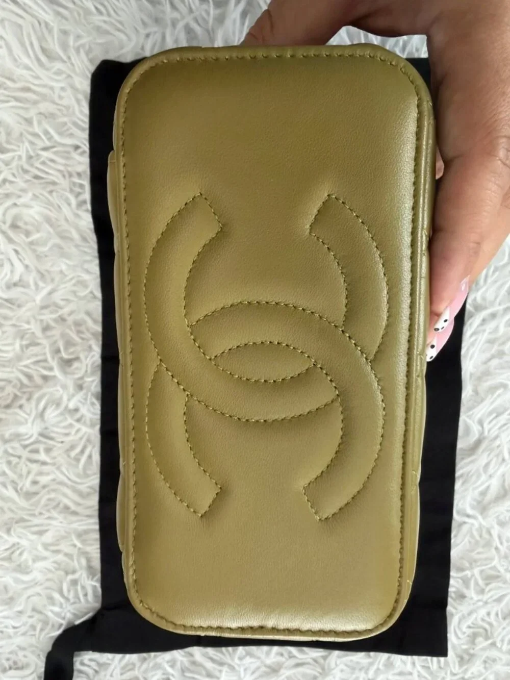 CHANEL Lambskin Quilted Small Top Handle Vanity Case With Chain in Green and Bro